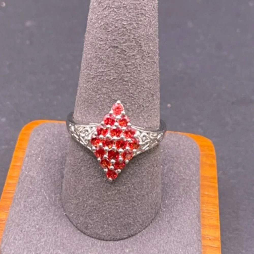 Vintage 925 Sterling Silver Spessartine Garnet Cluster Ring Size 10